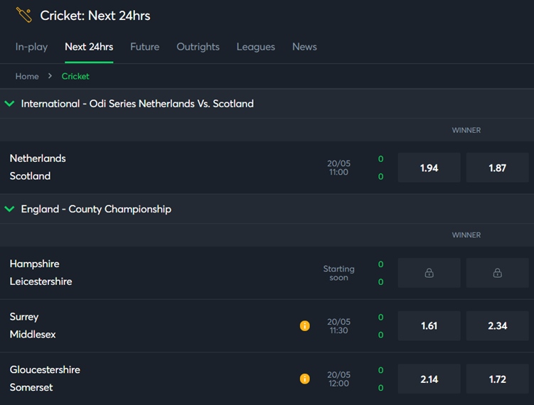 Sportsbet cricket market screenshot