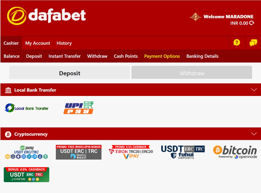 A list of payment methods available on Dafabet