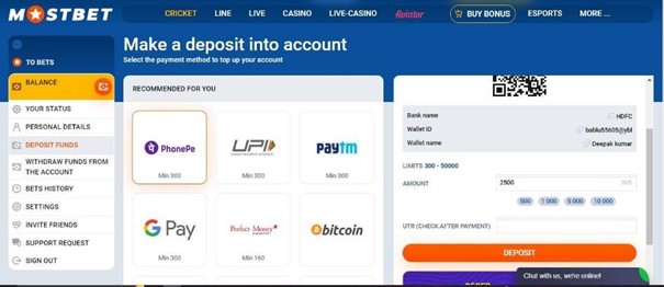 A list of Deposit Methods available on Mostbet