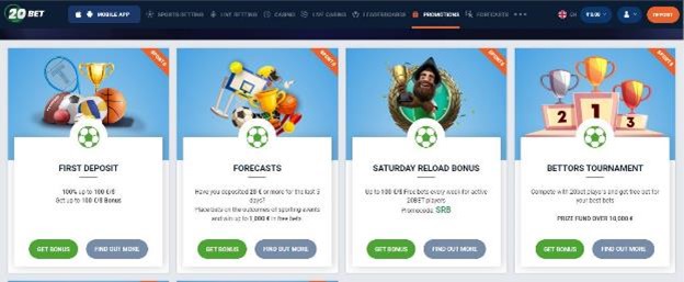 A screenshot showing the offers available on 20bet