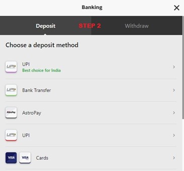 A screenshot showing the deposit options available on Betway