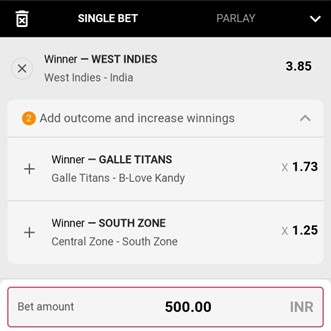 A screenshot showing the singlebet on parimatch mobile app