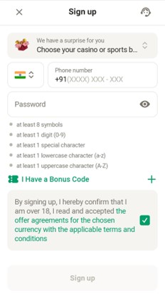 A screenshot of the sign up window on parimatch mobile app