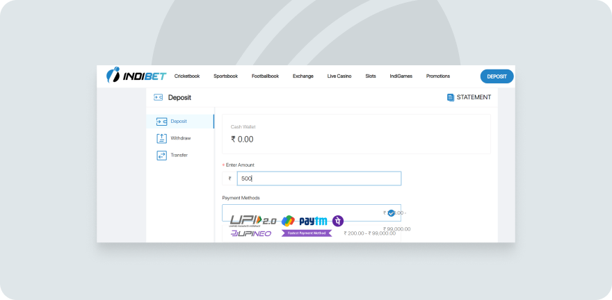 A screenshot showing the depositing screen on indibet website