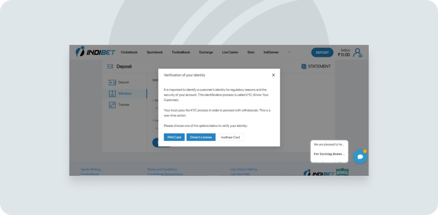 Identity verification on Indibet website