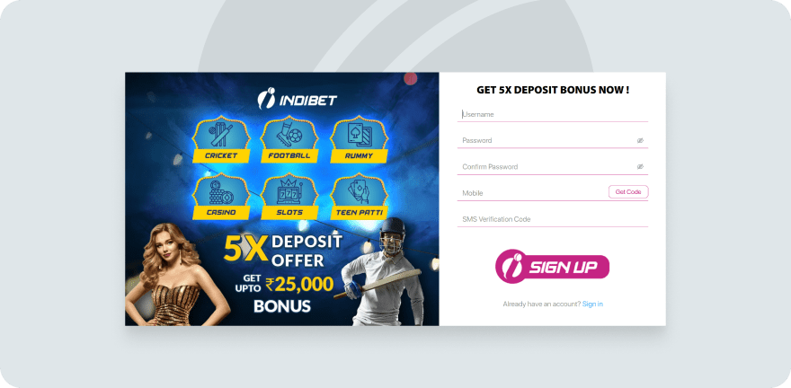 A screenshot of the login screen on indibet website