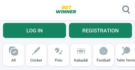 A screenshot taken from Betwinner mobile app showing the login and registration options